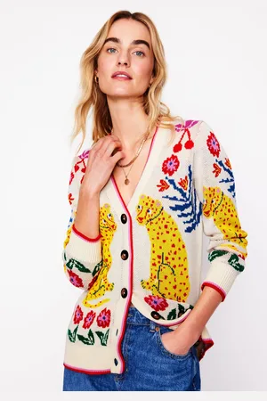 Boden Jacquard-Strickjacke im Boyfriend-Stil-Warmes Naturweiß, Leopard