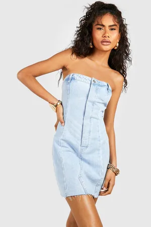 Boohoo Robe Bandeau Courte En Jean À Ourlet Brut