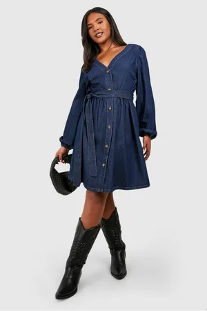 Boohoo Grande Taille,Robe Patineuse En Jean À Ceinture