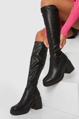Boohoo Bottes Hautes Stretch À Talon Carré,Pointure Large