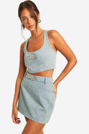 Boohoo Mini,Jupe En Jean À Rayures Et Écusson