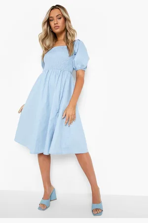 Boohoo Robe Mi,Longue À Manches Bouffantes Et Détails Froncés