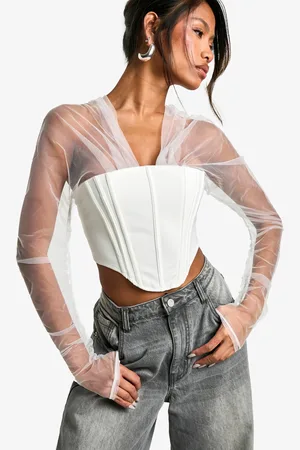Boohoo Corset Satiné Froncé En Mesh À Manches Longues