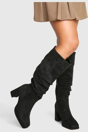 Boohoo Bottines Hautes Froncées À Talon Carré,Pointure Large