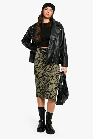 Boohoo Jupe Mi,Longue Côtelée Fendue Zébrée