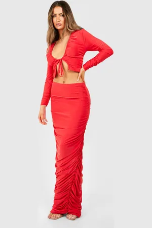 Boohoo Ensemble Avec Top Froncé Soyeux À Manches Longues Et Jupe Mi,Longue