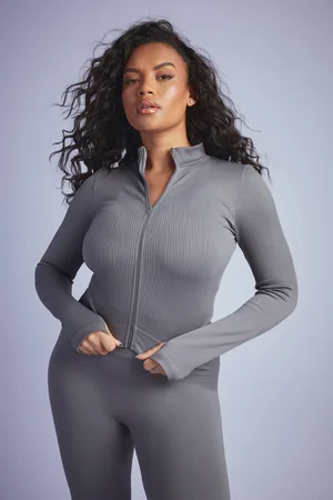 Boohoo Grande Taille,Veste Côtelée Zippée Sans Coutures
