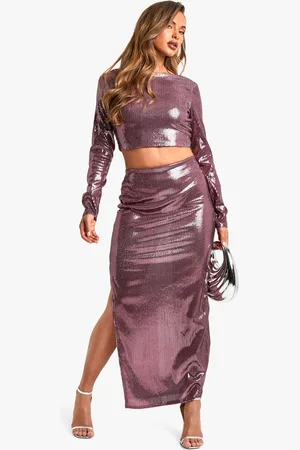 Boohoo Ensemble Pailleté Avec Top Dos Nu Et Jupe Longue Fendue,Rouge Lie