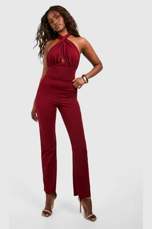Boohoo Ensemble Froncé Avec Top Long À Dos Nu Et Pantalon Slim,Rouge Lie
