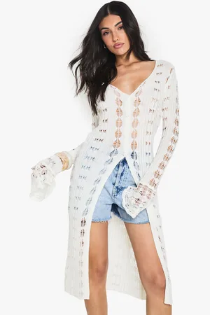 Boohoo Cardigan Long En Crochet À Manches Volantées