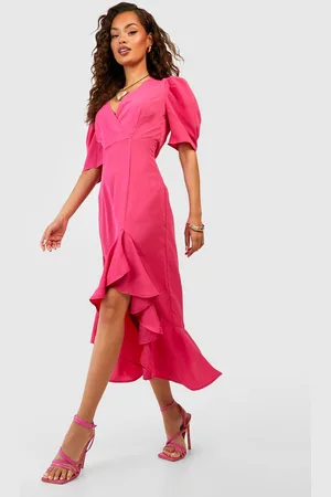 Boohoo Robe Mi,Longue À Volants Et Manches Bouffantes