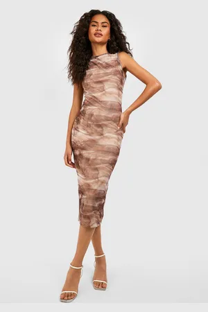 Boohoo Robe Mi,Longue Froncée À Imprimé Abstrait
