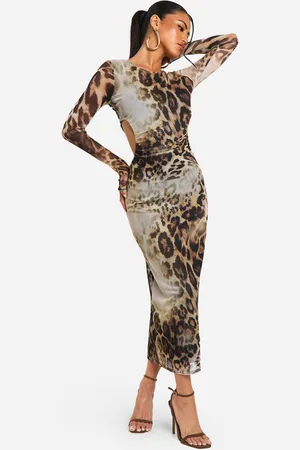 Boohoo Robe Mi,Longue Froncée À Découpes Et Imprimé Léopard
