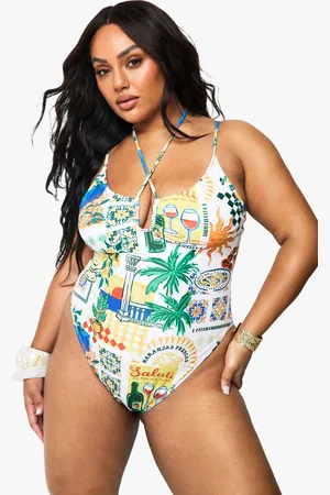 Boohoo Grande Taille,Maillot De Bain À Attaches Et Imprimé Carte Postale