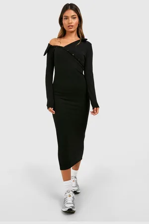 Boohoo Robe Longue Côtelée À Col Asymétrique