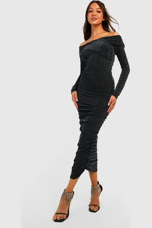 Boohoo Robe Mi,Longue Pailletée À Épaules Dénudées