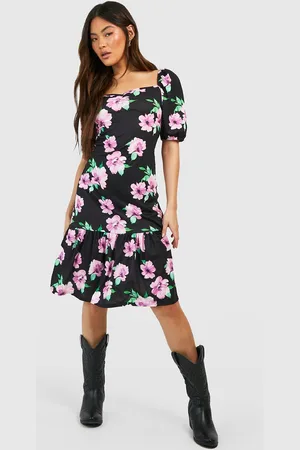 Boohoo Robe Mi,Longue Fleurie À Manches Bouffantes