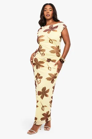 Boohoo Grande Taille,Robe Longue Froncée Fleurie En Mesh