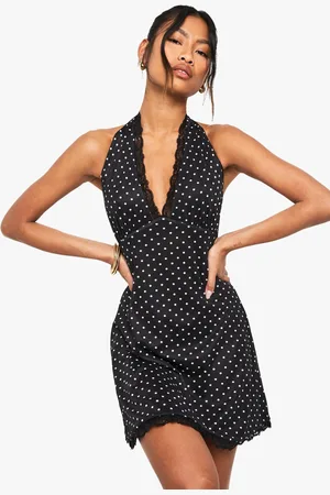 Boohoo Polka Dot Lace Trim A,Line Mini Dress