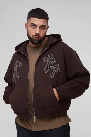 Boohoo Grande taille - Sweat à capuche oversize zippé à broderie croix homme - - 2XL
