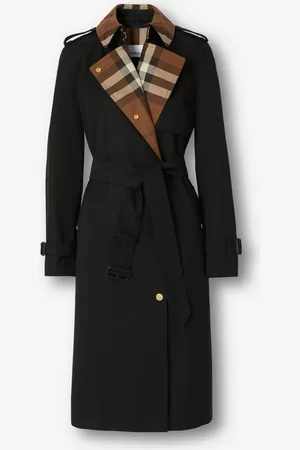 Burberry Trench long en gabardine à col Check, Size: 10
