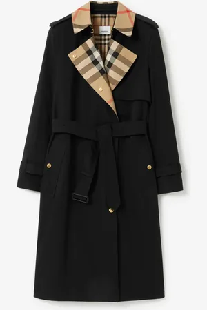 Burberry Trench long en gabardine à col Check, Size: 08, Black