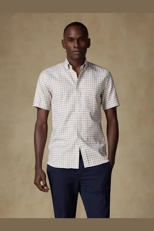 Café Coton Chemise manches courtes ash à carreaux sable - col boutonné