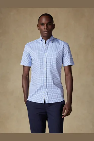 Café Coton Chemise manches courtes carlton à carreaux bleus - col boutonné