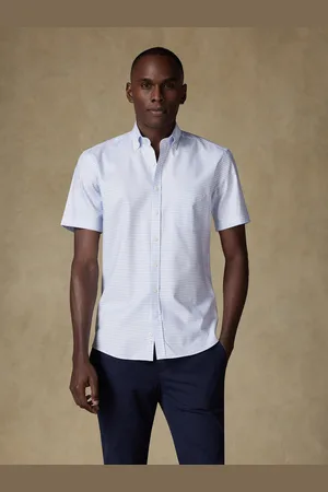 Café Coton Chemise manches courtes oleg à carreaux bleus - col boutonné