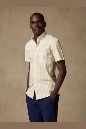 Café Coton Chemise à manches courtes robin à rayures jaunes - col boutonné