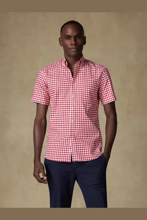 Café Coton Chemise manches courtes ash à carreaux rouges - col boutonné