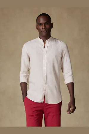 Café Coton Chemise col mao ted en lin à rayures sable