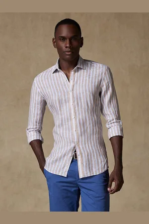 Café Coton Chemise colin en lin à rayures sable