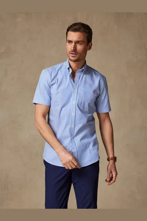 Café Coton Chemise à manches courtes clive à rayures bleues - col boutonné