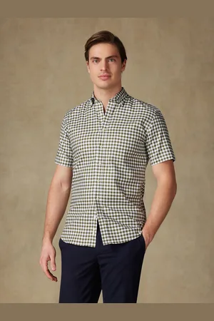 Café Coton Chemise manches courtes ash à carreaux kaki - col boutonné