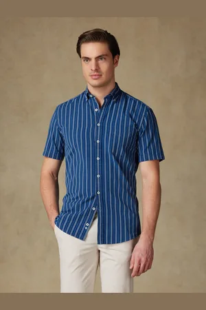 Café Coton Chemise manches courtes gerry à rayures indigo - col boutonné
