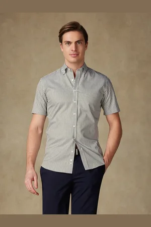 Café Coton Chemise manches courtes barry à rayures kaki - col boutonné