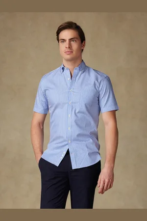 Café Coton Chemise manches courtes colin à rayures bleues - col boutonné