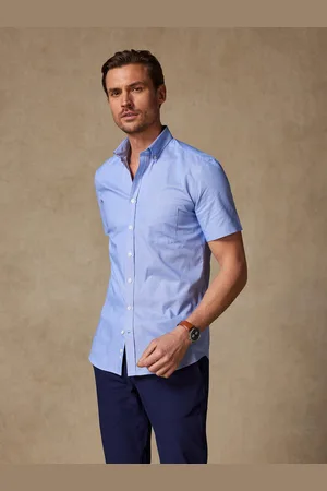 Café Coton Chemise manches courtes en mille raies bleue - col boutonné
