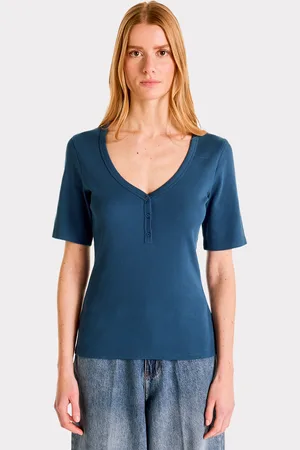 Celio T-shirt côtelé col V - bleu