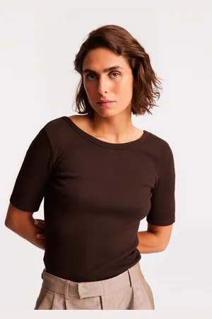 Celio T-shirt col rond côtelé à manches courtes - marron foncé