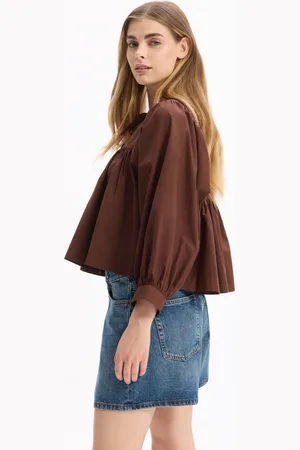 Celio Blouse encolure tunisienne en coton - marron