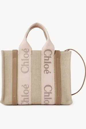 Chloé Petit sac cabas Woody en toile de lin Femme Taille OneSize 100% lin, Cuir de veau