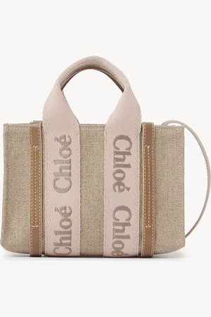 Chloé Mini sac cabas Woody en toile de lin Femme Taille OneSize 100% lin, Cuir de veau, polyester