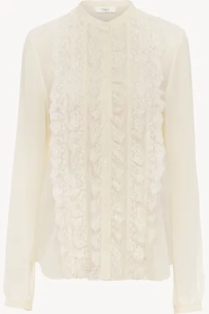 Chloé Blouse sans col à plastron volanté en georgette de soie Femme Taille 34 100% Soie, Pinctada Maxima, Farmed, COO Australia