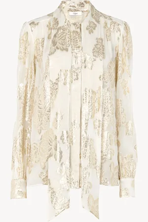 Chloé Blouse lavallière froncée en jacquard de soie et lurex Femme Taille 40 100% Soie, Pinctada Maxima, Farmed, COO Australia