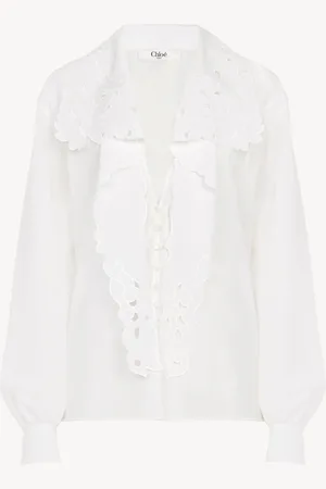 Chloé Chemise lavallière brodée en popeline de coton Femme Taille 38 100% coton, Trochus niloticus, farmed, COO Indonesia