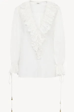 Chloé Top col V manches bouffantes en voile de coton Femme Taille 40 100% coton, Pinctada Maxima, Farmed, COO Australia