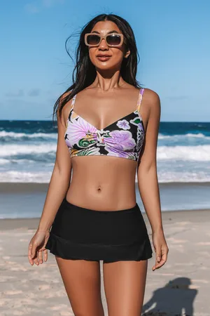 Cupshe Bikini bralette tropical et jupe de bain noire à taille moyenne