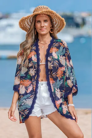 Cupshe Kimono cover up bleu ouvert sur le devant